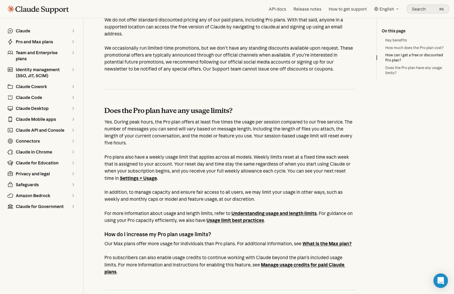 Claude 官方帮助文档中 Pro 档 5 小时会话窗口与每周限额、Settings Usage 重置时间的说明截图