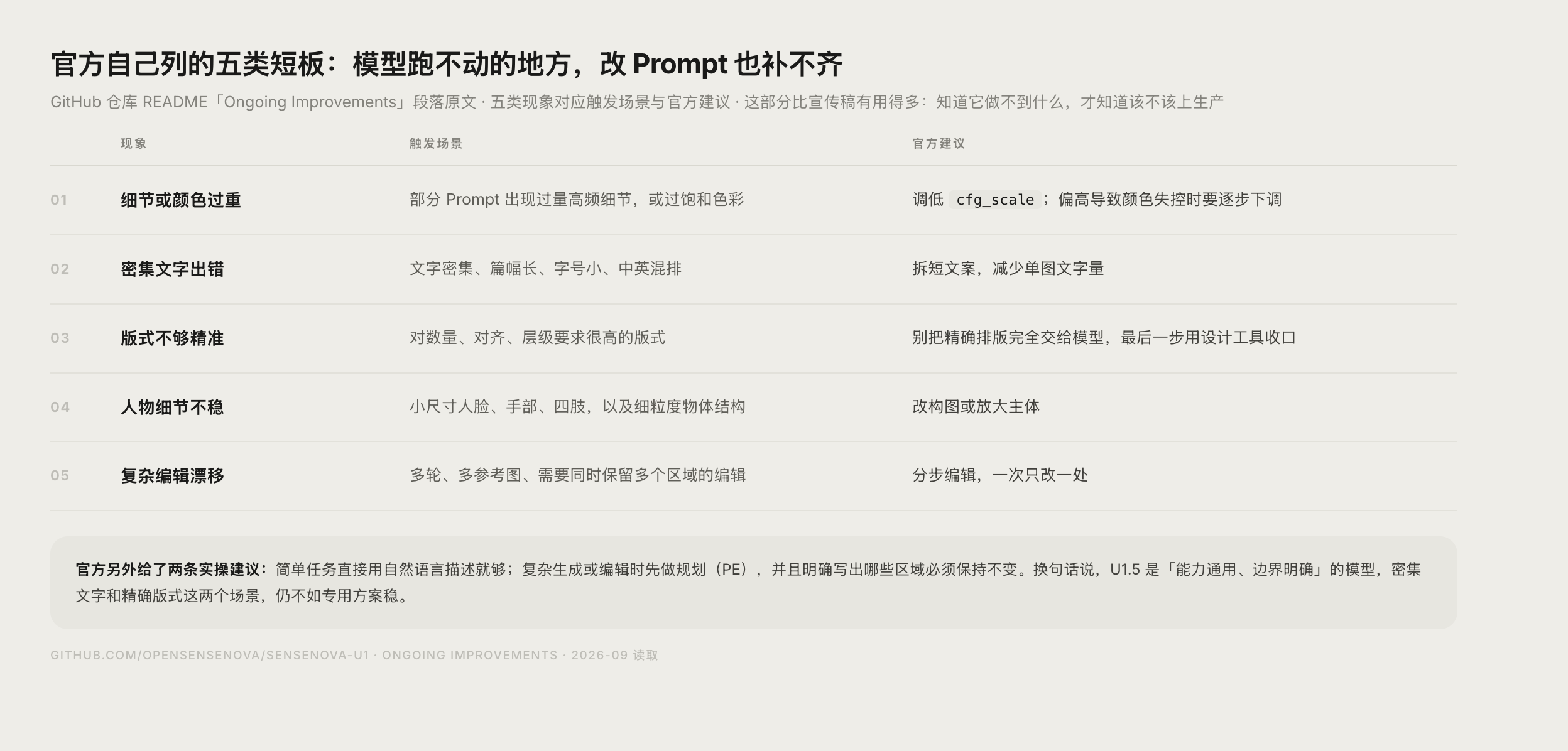 SenseNova U1.5 官方承认短板与规避建议数据图表