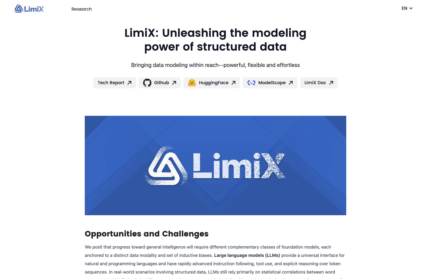LimiX 官网首页截图,展示结构化数据建模定位与 HuggingFace 入口