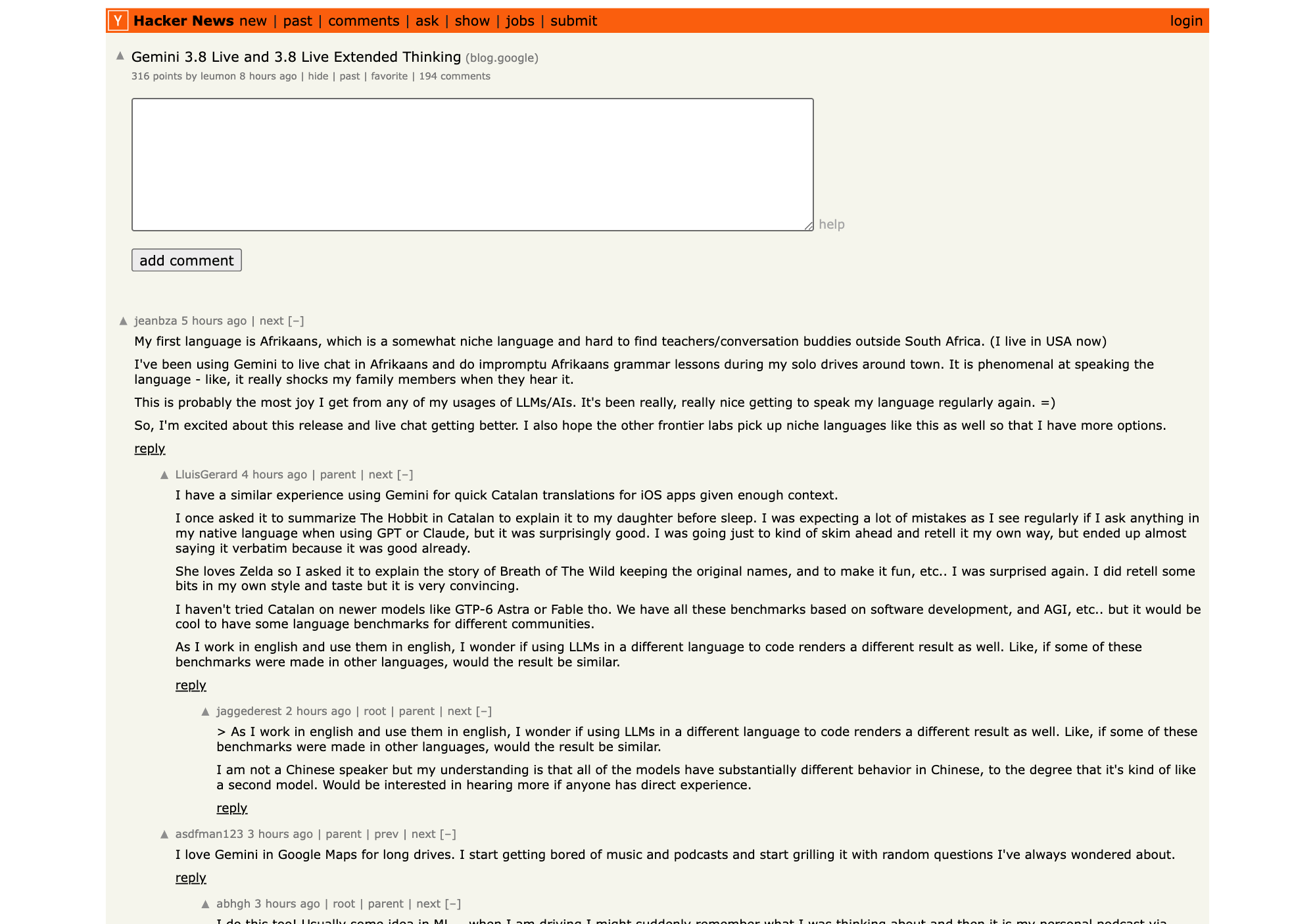 Hacker News 上 Gemini 3.8 Live 发布讨论帖截图，281 分热度 185 条评论