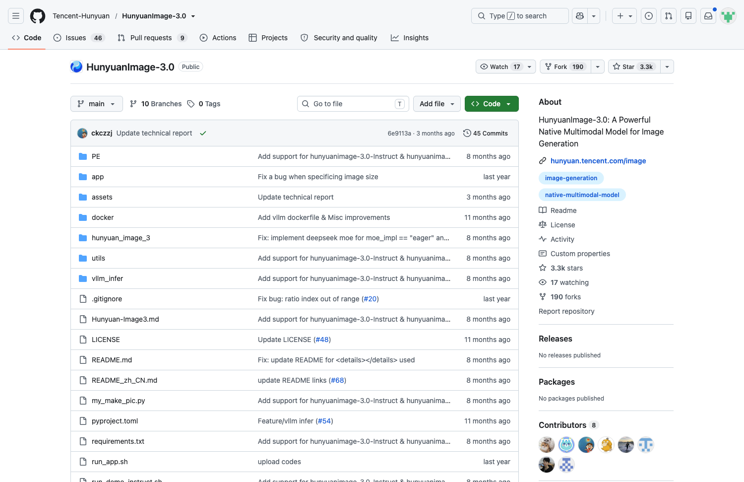 腾讯混元官方 GitHub 仓库 HunyuanImage-3.0 页面截图,暂无 3.5 仓库