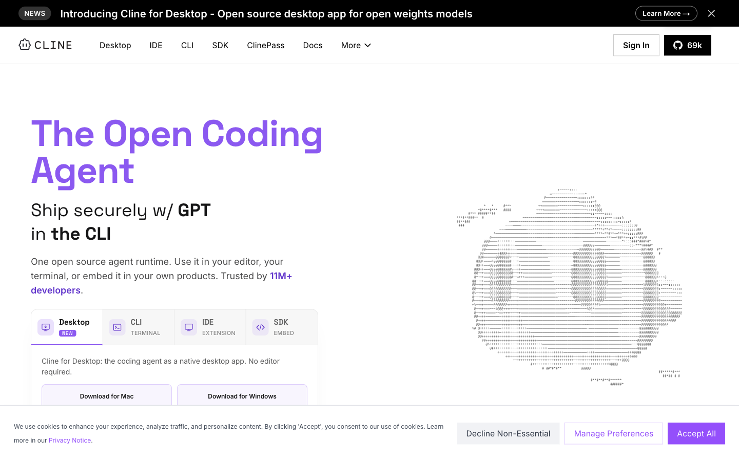 Cline 官网首页，标语是 The Open Coding Agent