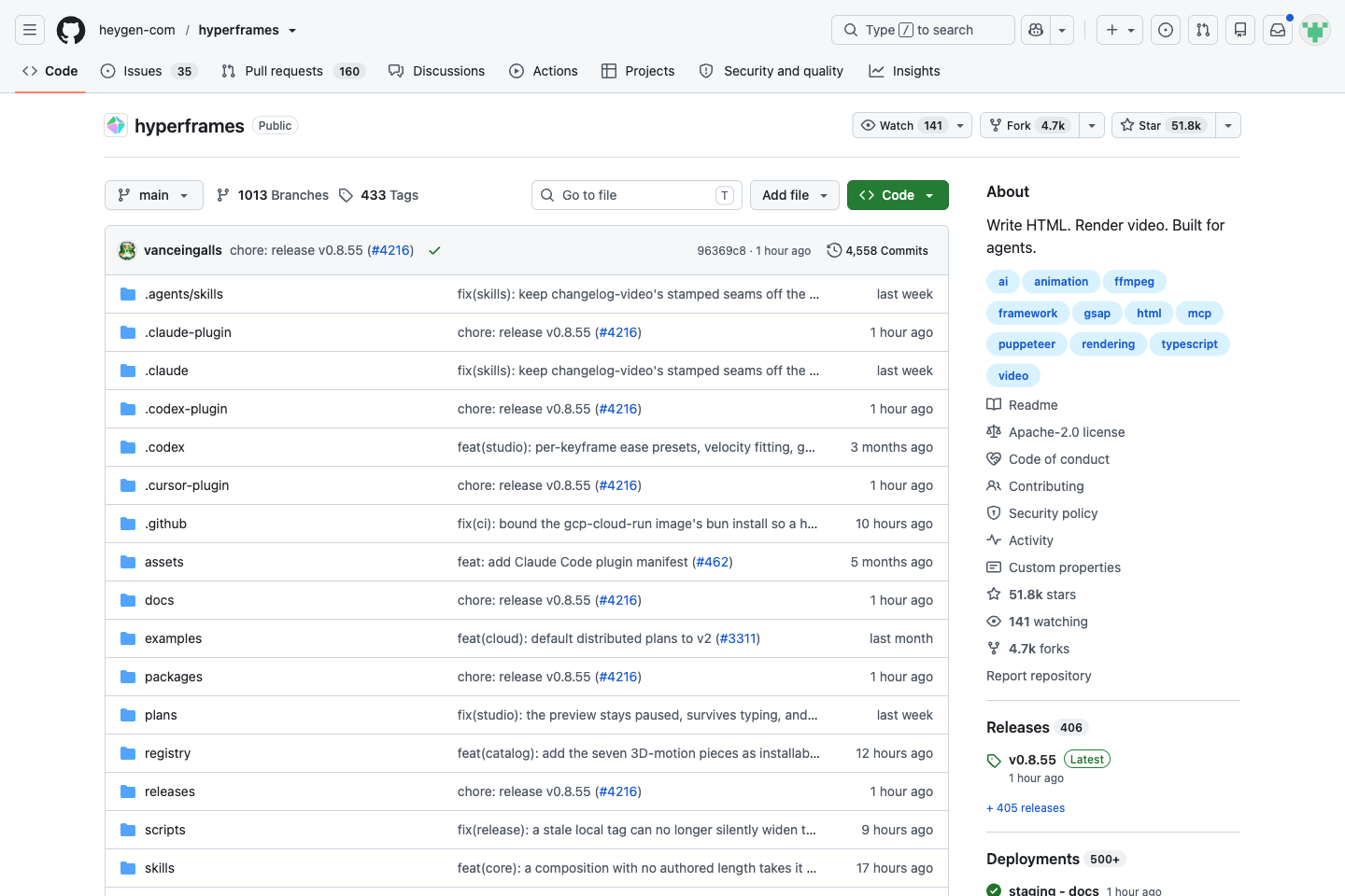 HyperFrames GitHub 仓库：Write HTML Render video Built for agents 与 Apache 2.0 协议