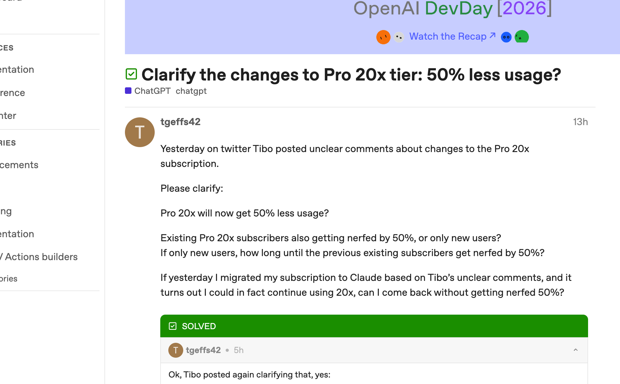 OpenAI 开发者社区讨论 Pro 20x 是否减少 50%；20x 到 10x 是社区转述而非官方额度，截图未展示 10x 回复