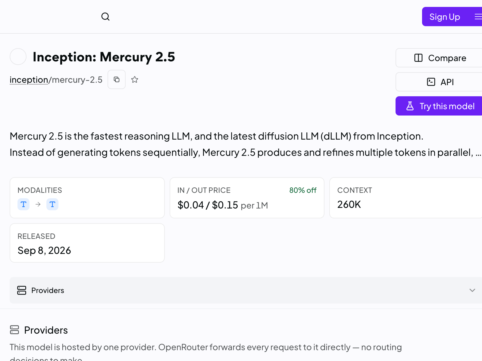 OpenRouter Mercury 2.5 模型页定价 80% off 截图