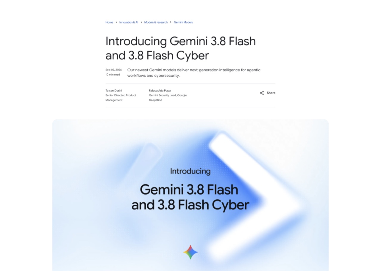 Google 官方博客发布 Gemini 3.8 Flash 与 3.8 Flash Cyber 的页面截图