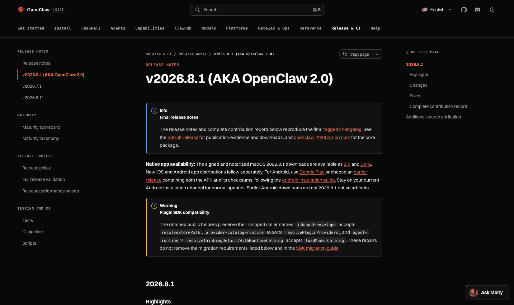 OpenClaw 2.0(v2026.8.1)官方发布说明页