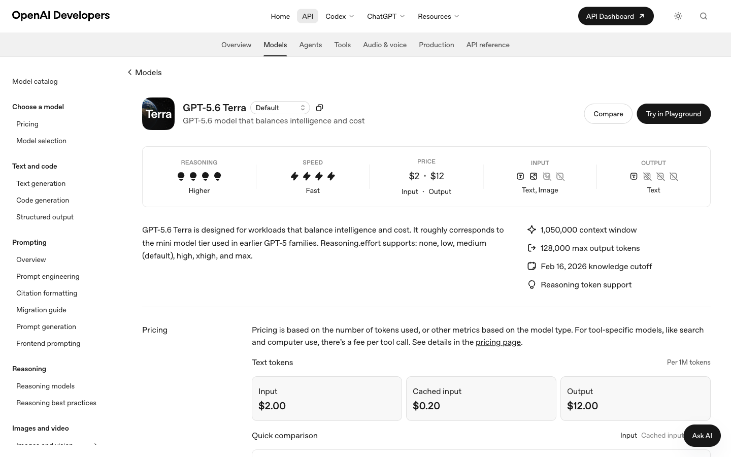 OpenAI 官方 GPT-5.6 Terra 模型文档页截图
