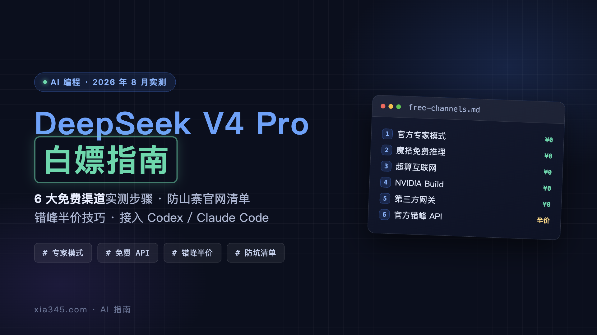 DeepSeek V4 Pro 白嫖指南：7 个免费渠道实测 + 防坑清单（2026 年 8 月）封面图