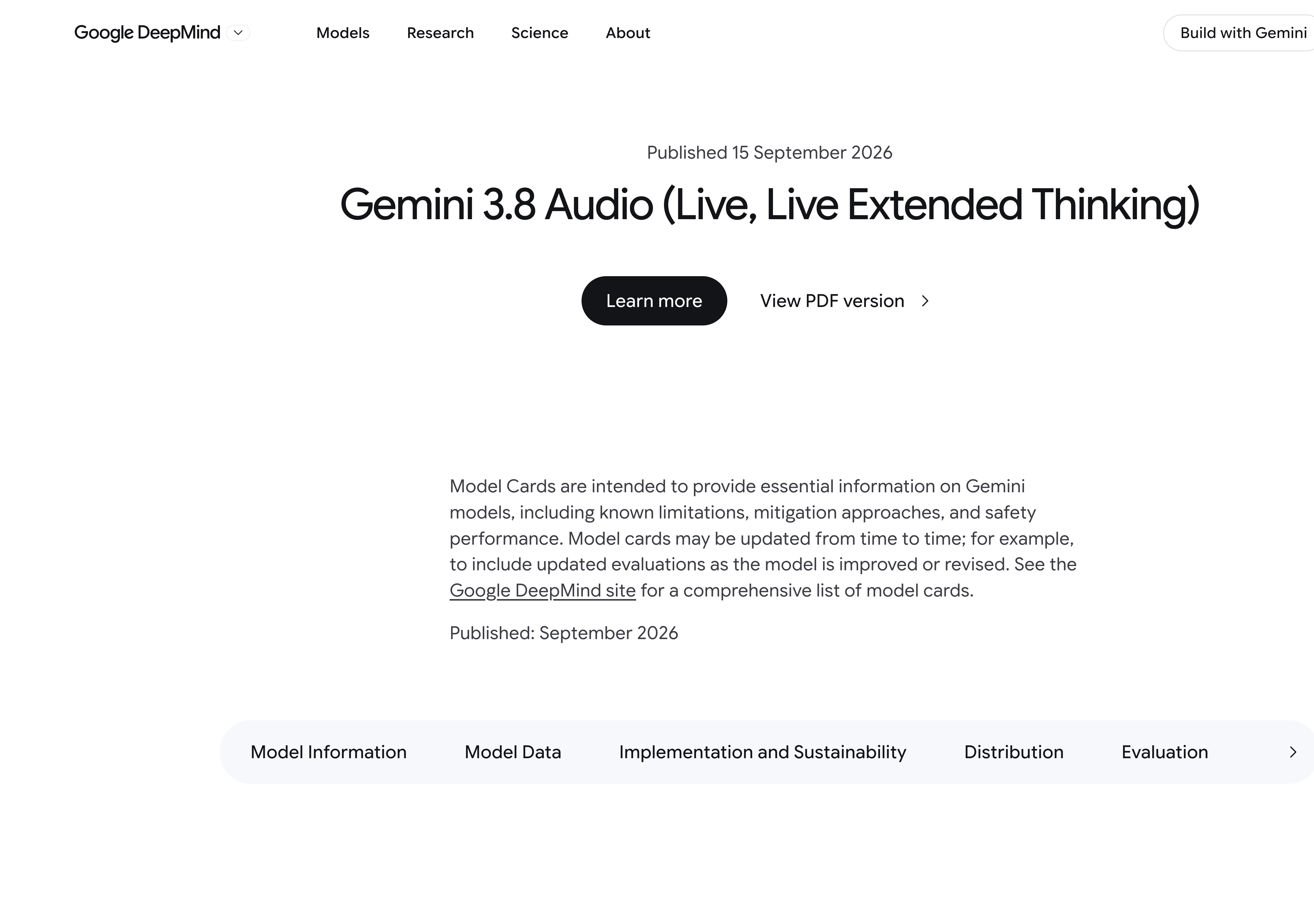 Google DeepMind 的 Gemini 3.8 Audio 模型卡页面截图