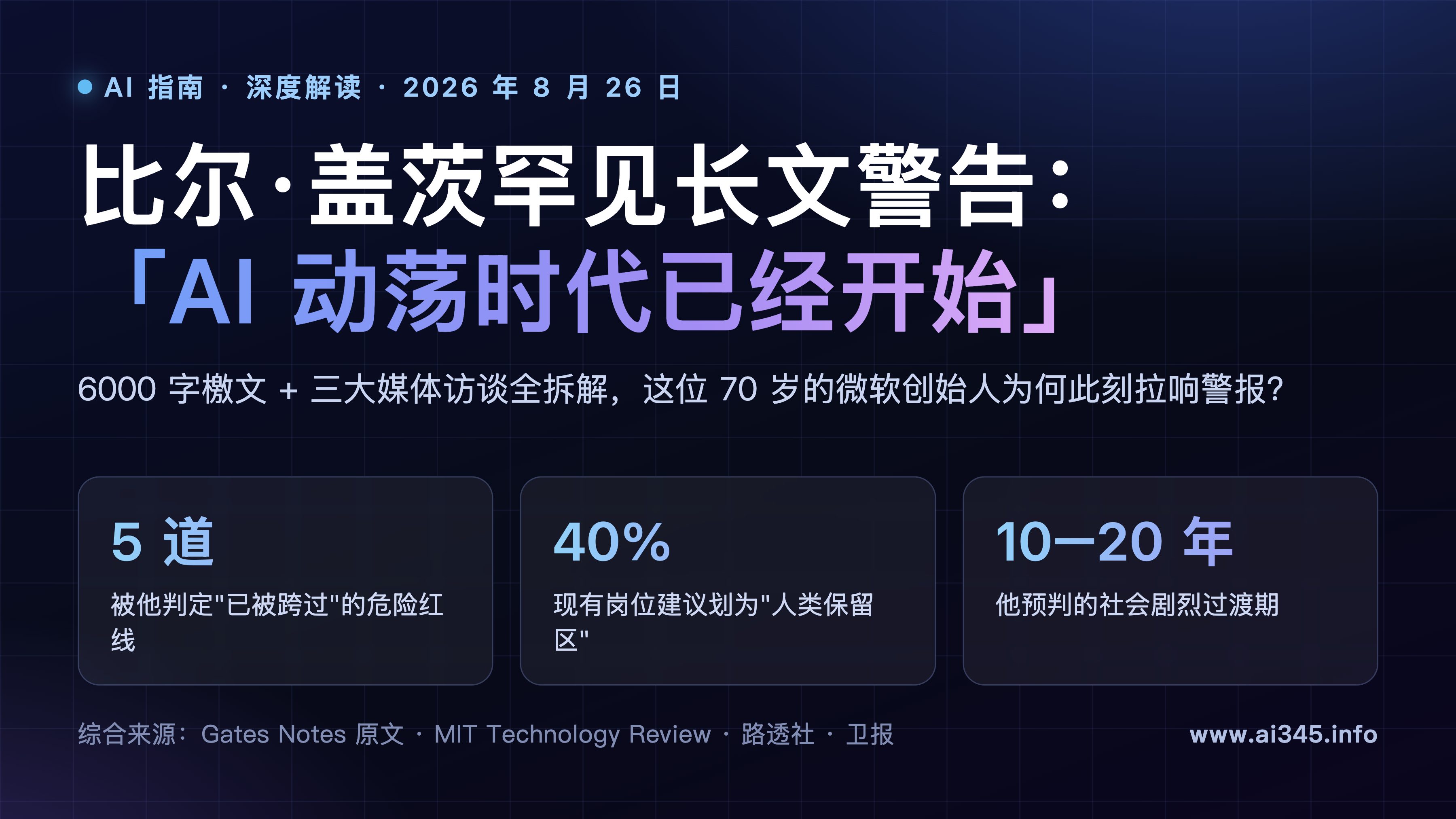 比尔·盖茨 2026 年 8 月 AI 长文深度解读:五道红线已跨过,他要给人类保留 40% 的工作封面图