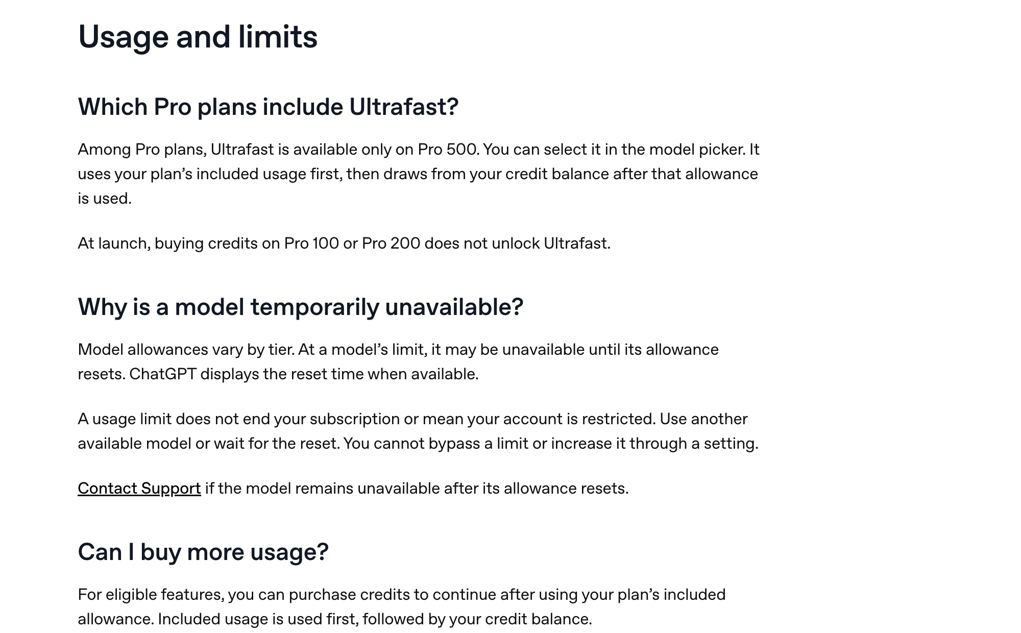 OpenAI 官方说明 Ultrafast 仅限 Pro 500 且 Pro 100、Pro 200 购买 credits 不解锁