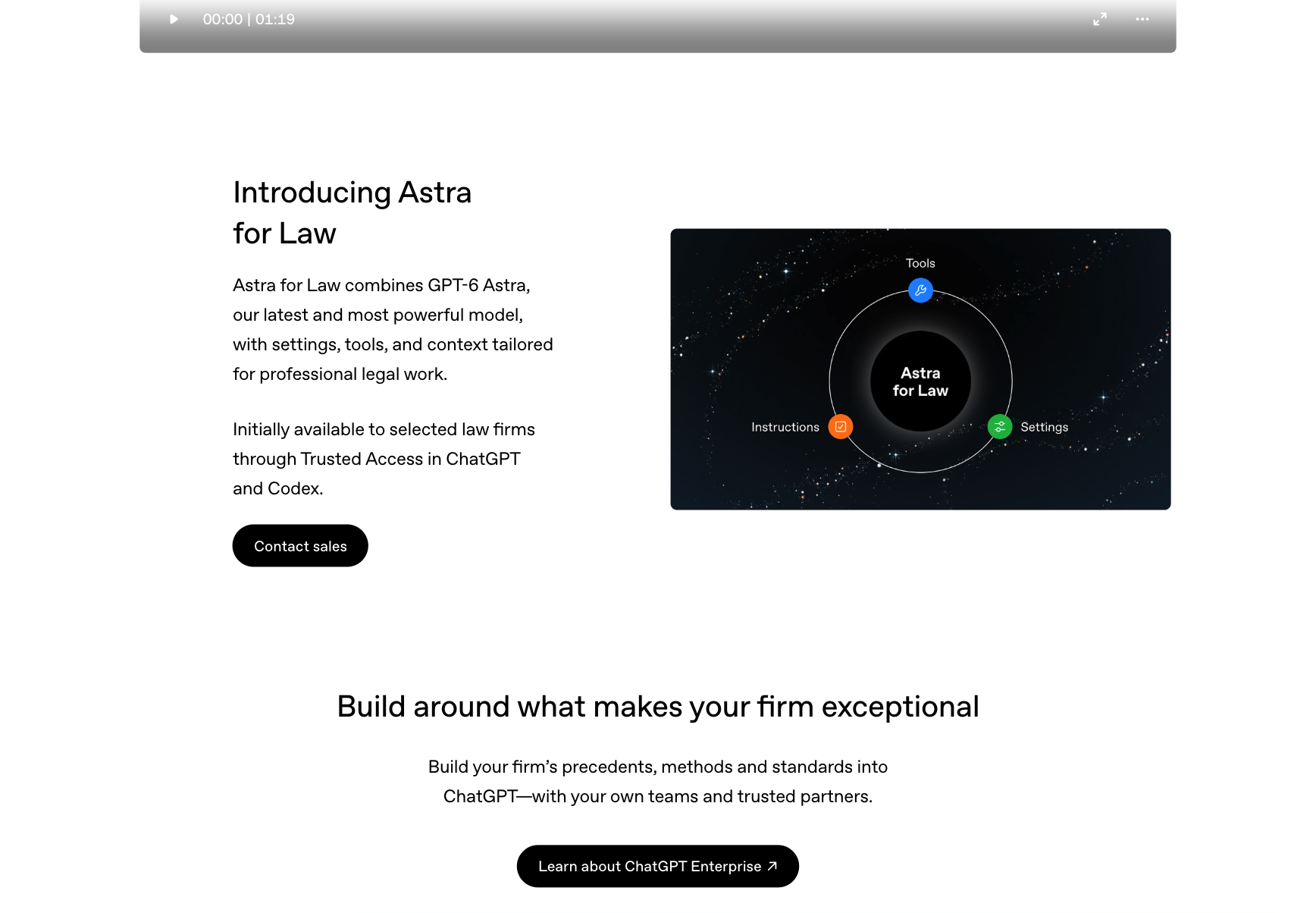 OpenAI 法律行业方案页截图：Astra for Law 通过 Trusted Access 向精选律所开放