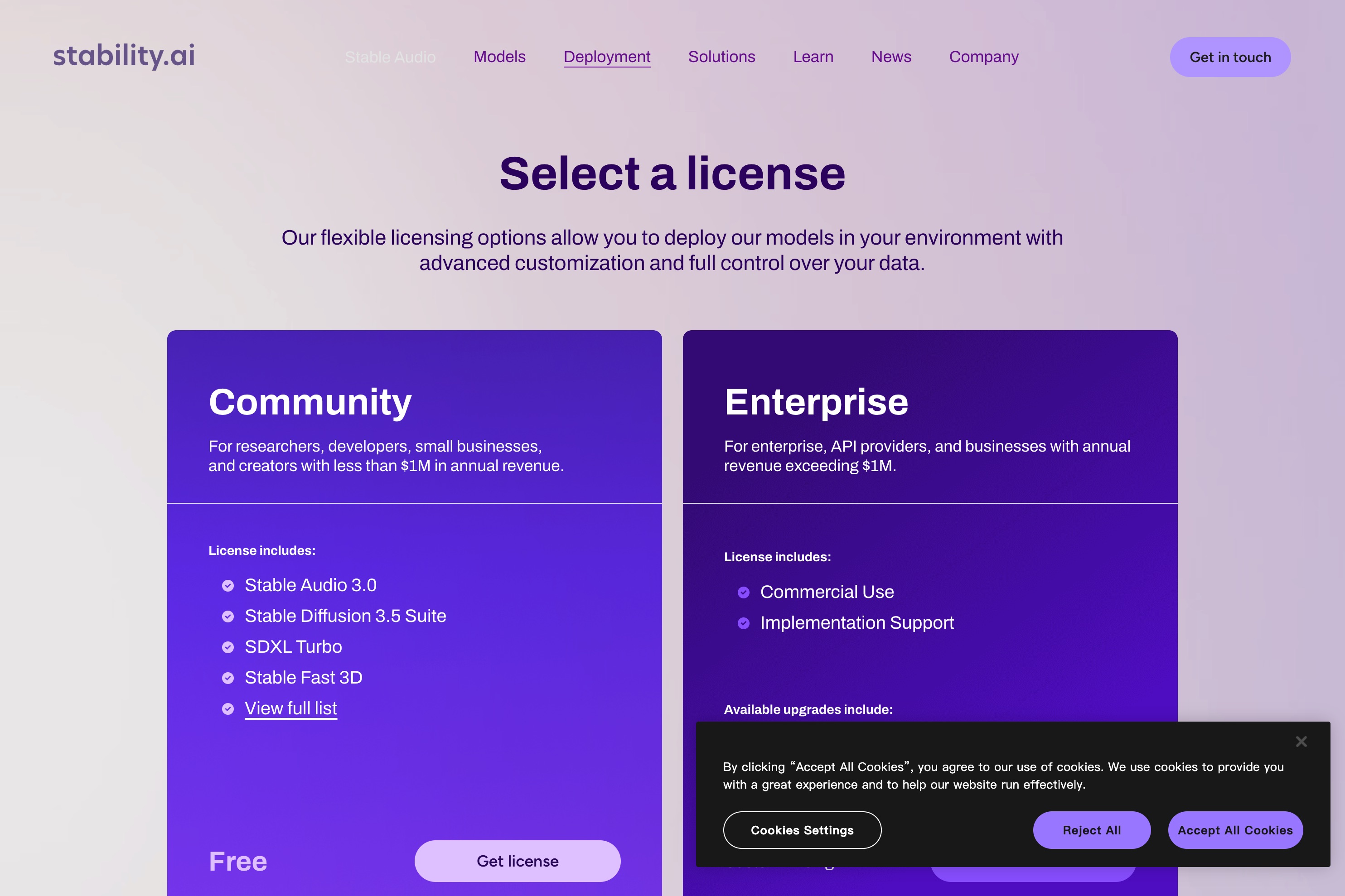 Stability AI 社区许可与企业许可说明页面