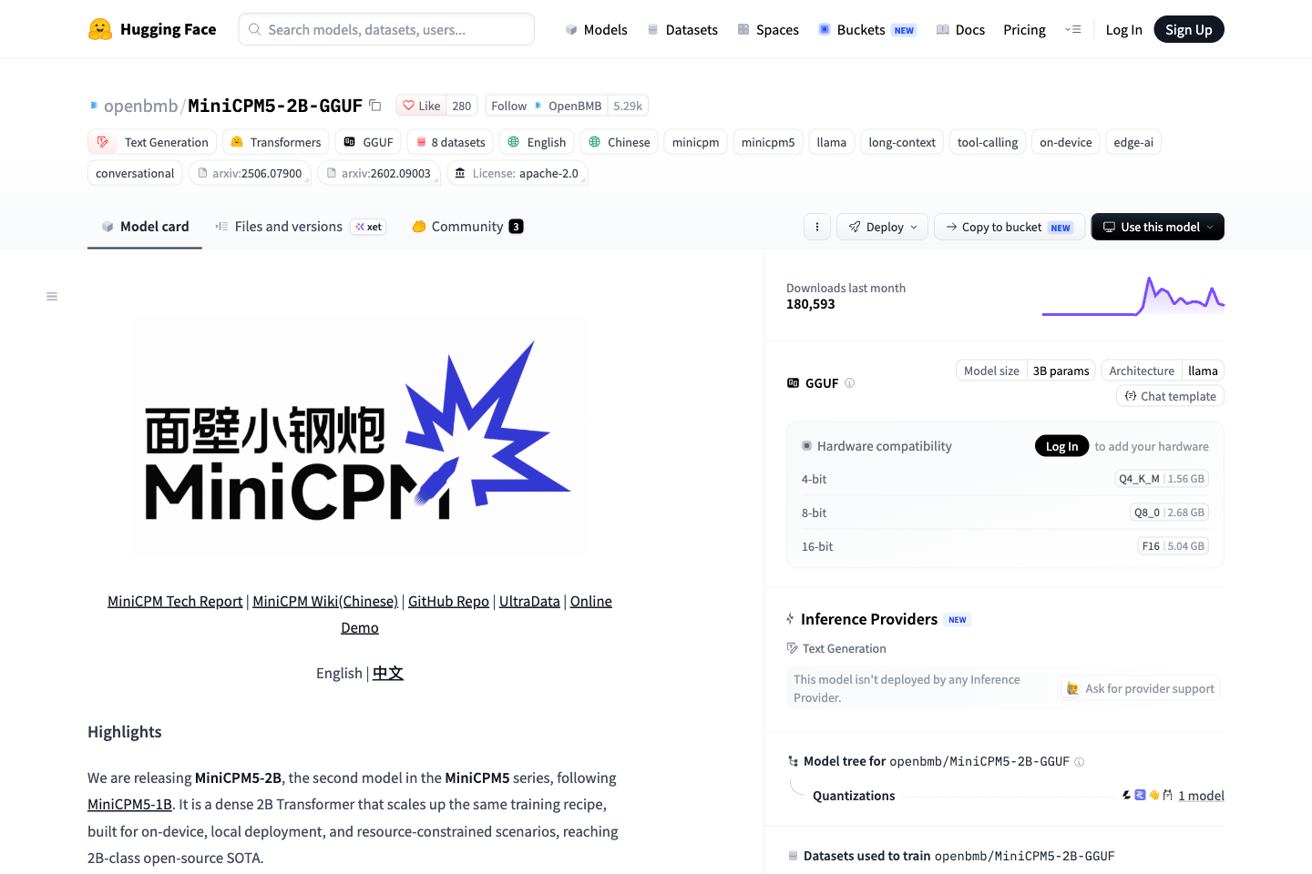 MiniCPM5-2B-GGUF 官方模型页的量化文件列表