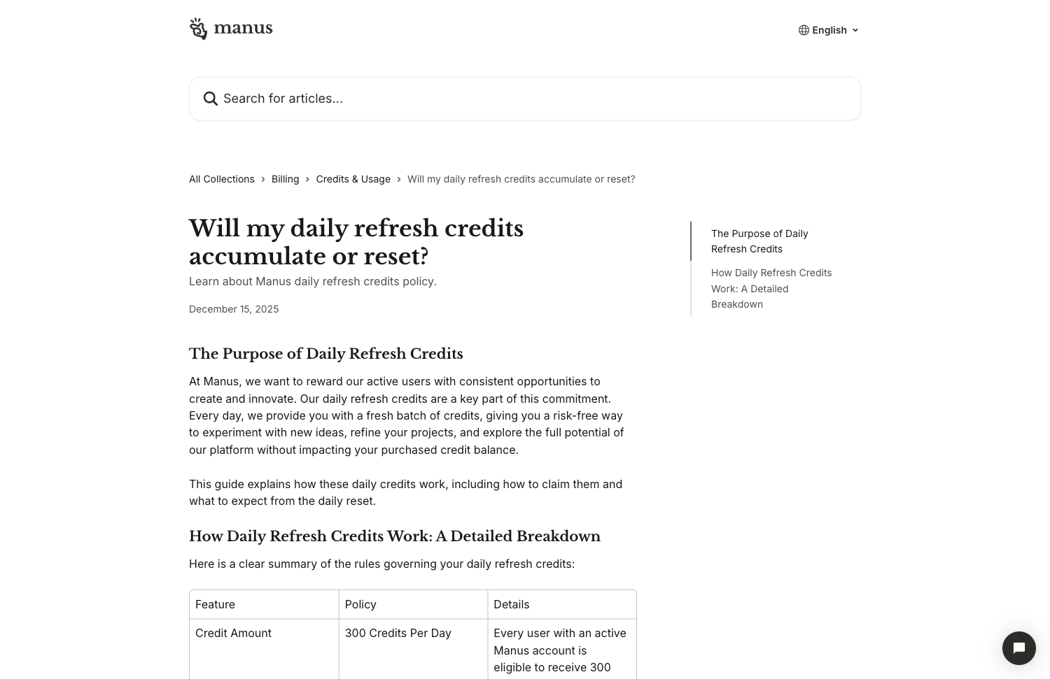 Manus 帮助中心:每日 credits 刷新与结转规则说明