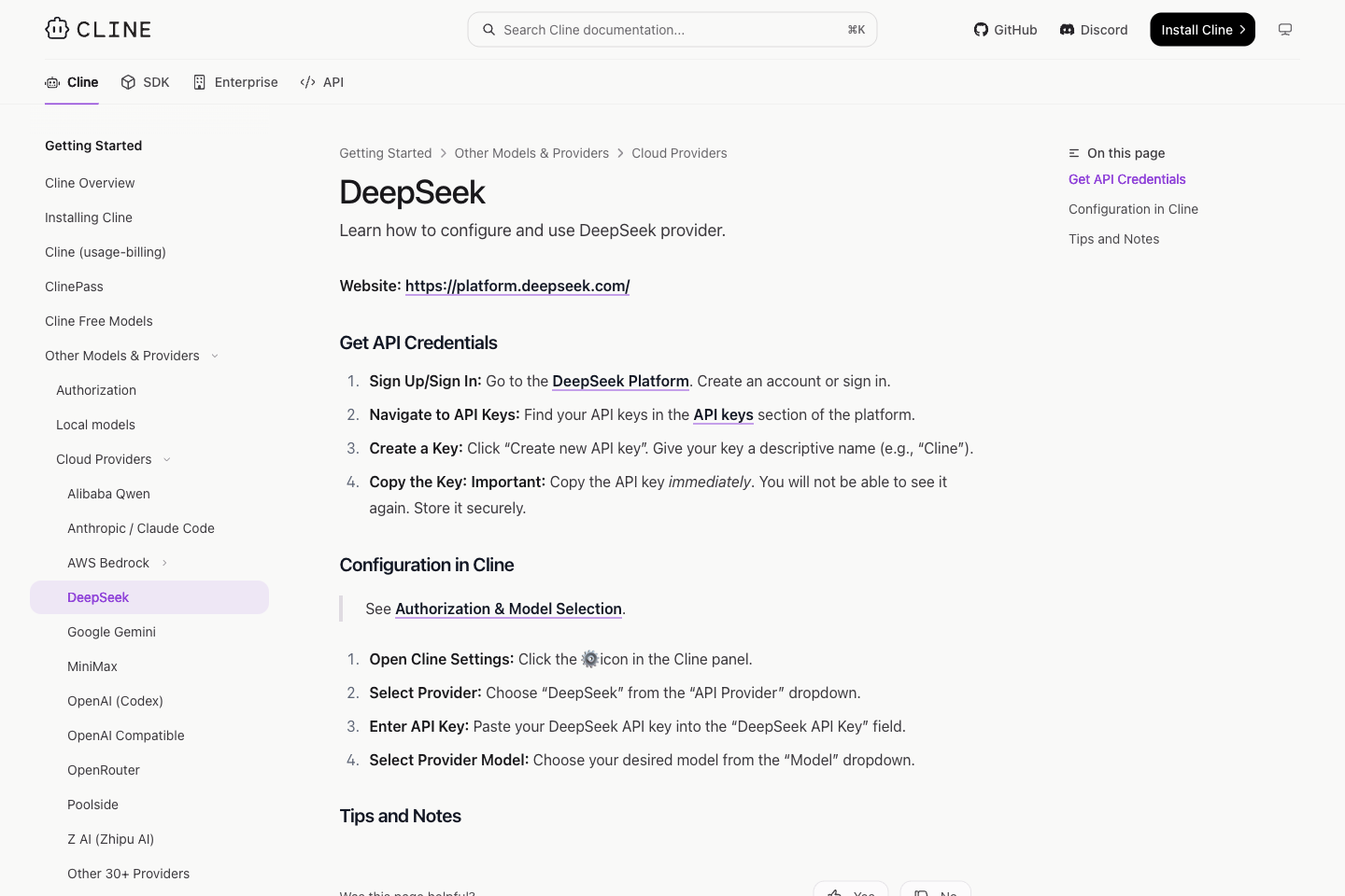 Cline 设置面板里的 DeepSeek 配置