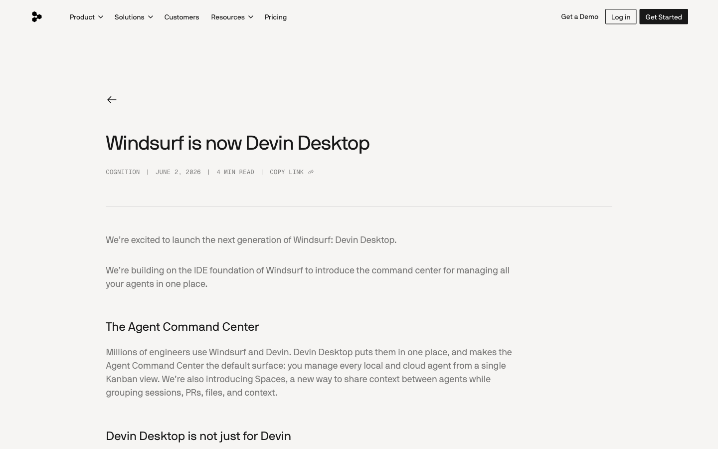 Windsurf 官网跳转到 Devin Desktop 的公告页截图